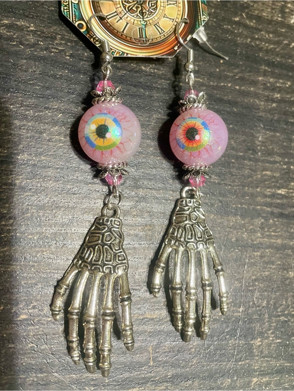 Hand Crafted Pink Eyeball & Silver Skeleton Hand Earrings